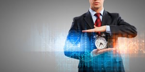 Image of businessman holding alarmclock against illustration background